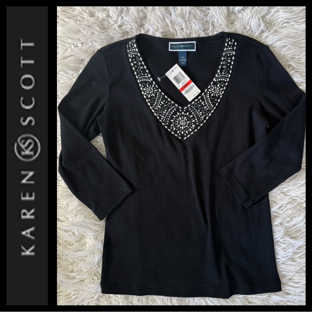 NWT Karen Scott Black Embellished Top